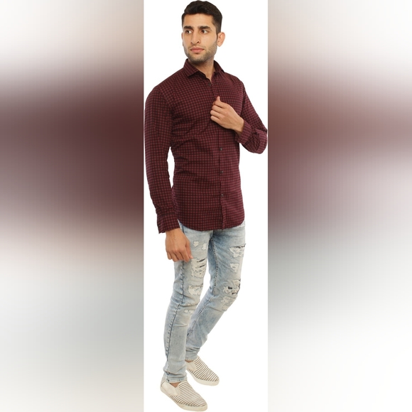 AMAZING FIT Premium Pure Cotton Checkered Casual Shirt (Maroon) - Picture 3 of 6